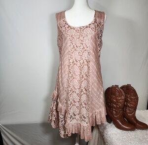 Pink Lace Mini Sundress with Scoop Neckline for Cocktail